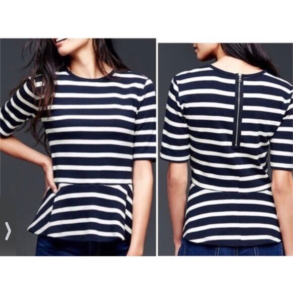 Gap Navy Blue x White Stripe Peplum Top Back Zip Nautical S - Picture 3 of 6
